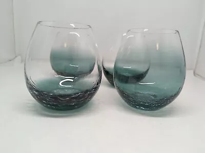 Buy Set Of 4 Pier 1 Crackle Glass Stemless Wine Glass Teal Green Hand Blown 16oz • 77.05£