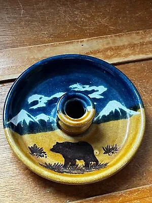 Buy Montana Earth Pottery Blue & Mustard Snowy Mountains W Grizzly Bear Candle Holde • 16.52£