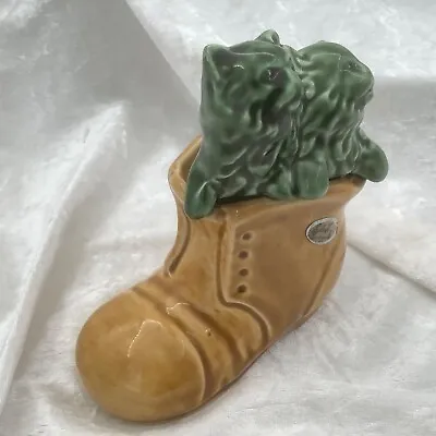 Buy Sylvac Kittens In A Boot. Vintage Pottery Vase. Yellow Boot/Green Cats. Ornament • 12£