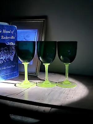 Buy Set Of 3 Antique Victorian Bristol Green Uranium Glass Stem Liquor Wine Glasses • 38.99£