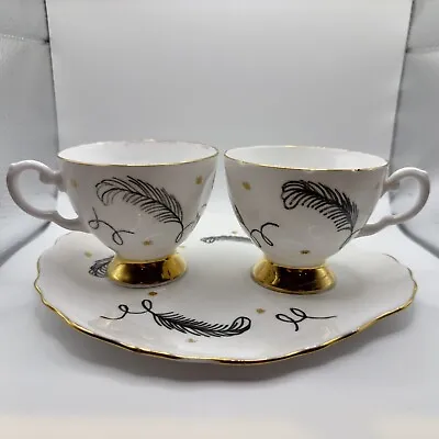 Buy Tuscan Fine English Bone China 2 X Cups 1 Saucer Plate Feather Pattern • 12£