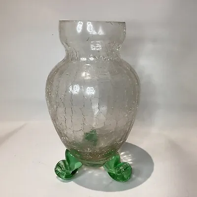 Buy Antique 1920s Clear Crackle Glass 3 Footed Green Swirls VASE • 49.94£