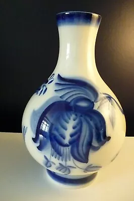 Buy Vintage Handpainted Lomonosov Bulbous Vase- Russian- Off White & Blue-VGC-Signed • 39.99£