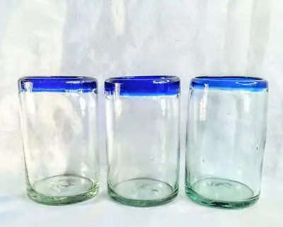 Buy Hand Blown Mexican Glassware Clear With Cobalt Blue Rim (Set Of 3) • 23.74£