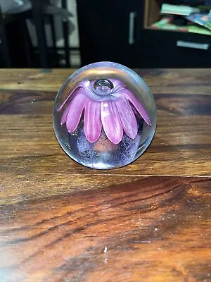 Buy Art Glass Paperweight Pink/Purple Flower Controlled Bubble  • 9£