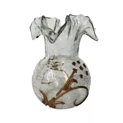 Buy Vintage Clear Crackle Glass Ruffled Top Vase W/ Gold Tone Gilding 6.5  • 19.84£