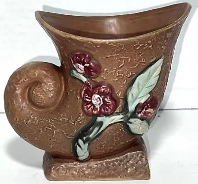 Buy VTG Roseville Reproduction Brown Rose Floral Cornucopia Horn Of Plenty 4  Vase • 47.90£