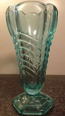 Buy Vintage Davidson Of Gateshead On Tyne Chevron Vase Glass Art Deco Turquoise Blue • 14.99£