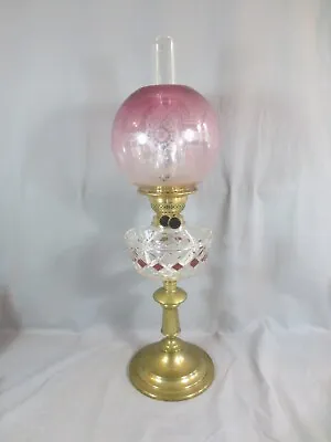Buy Antique Victorian Cranberry Cut Glass & Brass Oil Lamp Original Etched  Shade • 425£