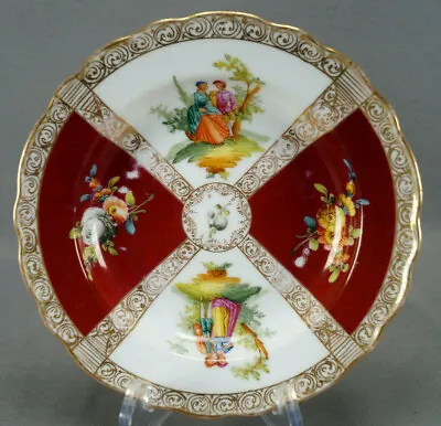 Buy Dresden Hand Painted Watteau Scene Courting Couple Red Gold Floral Shallow Bowl • 82.71£