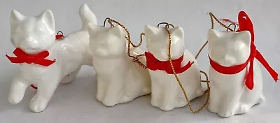 Buy 4 Vintage White Ceramic 2  Cat Ornaments W/Red Ribbon - Midwest Japan & Taiwan • 14.17£