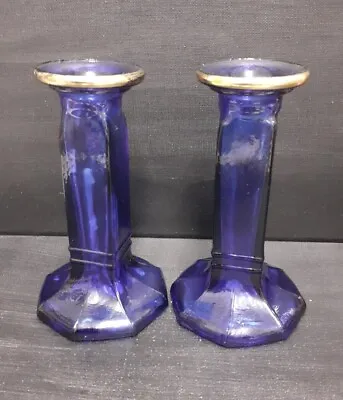 Buy Pair Of Cobalt Blue Glass Pillar Candlesticks 14cm • 15.99£