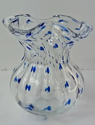 Buy Studio Art Glass Ruffled Rim Clear Vase Blue Hearts • 13.48£