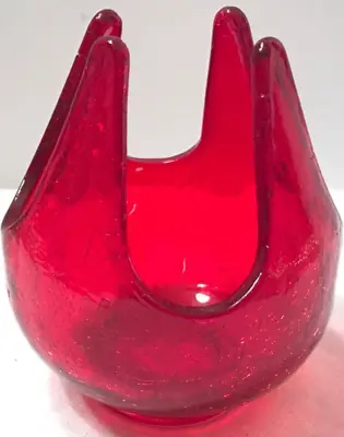 Buy Vintage MCM Viking Glass Ruby Red Crackle Votive Candle Holder Bud Vase 4 Peaks • 37.88£