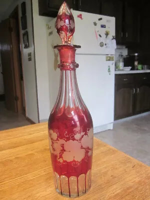 Buy Bohemian Cranberry Etched Cut To Clear Wine Decanter Carafe Grapes Vintage 14   • 28.77£