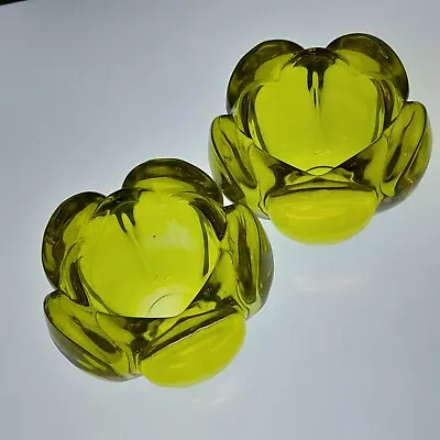 Buy Art Glass Green Petal Shaped Candle Holders Pair 7cm X 9cm Springtime Flower • 29.99£