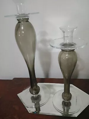 Buy Vintage Pair Smoked Glass Candle Holders Hand Blown Made In Poland • 33.15£