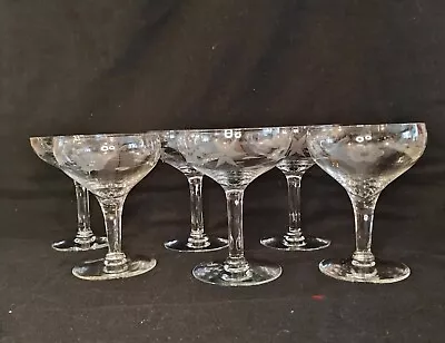 Buy Vintage Floral Etched 1950/60s Coupe Style Champagne Glasses Set Of 6 • 27.35£