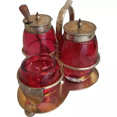Buy Silver Plated Red / Cranberry Glass Tableware With Holder • 9.99£