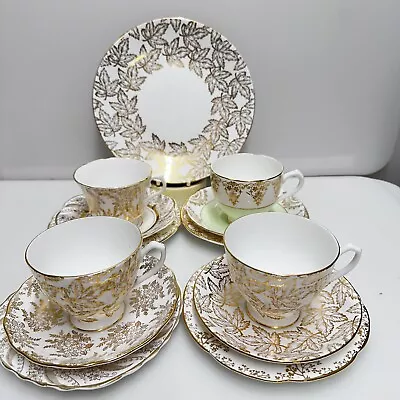 Buy Vintage Chintz Gold Mismatched China Tea Set Four Trios & Cake Plate • 22£