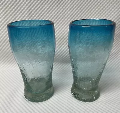 Buy Set Of 2 Crackle Glass 6” Tumblers Turquoise Fade To Green Glass Made In Mexico • 11.34£