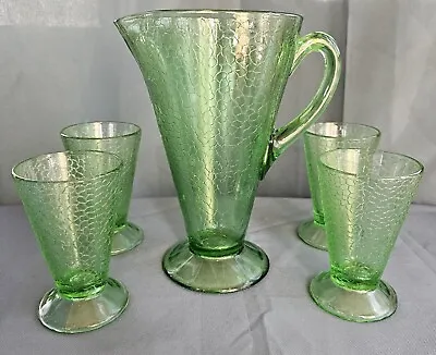 Buy Vintage Depression Glass Pitcher Tumbler Set Green Crackle Juice Cocktail Retro • 65.63£