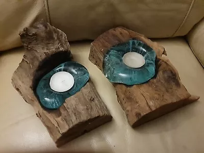 Buy Pair Molten Glass Candle Holders On Teak Root Stands Tea Light Rustic Decor • 30£