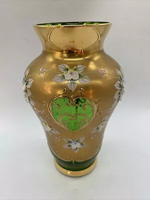 Buy Anitique Large Murano Venitian Gold Overlay Green Glass Vase • 45£