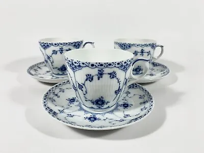 Buy 3x Royal Copenhagen Blue Fluted Half Lace 703 Tea Cups & Saucers Set • 307.55£