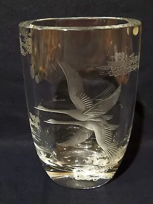 Buy Kjellander Crystal Swedish Art Glass Vase Engraved Etched Flying Geese Birds • 71.15£