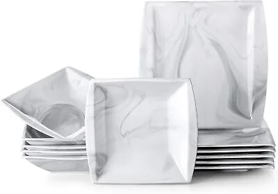 Buy 12pc Dinner Set Porcelain Marble Crockery Square Dining Plate Soup Plates For 6 • 71.99£