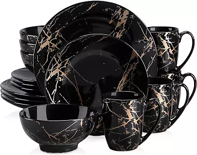 Buy Black Plates And Bowls Sets For 4, Porcelain Dinnerware Sets 16 Piece Gold Splas • 108.01£