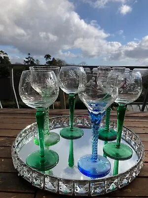 Buy Harlequin Set 6  Vintage Rare Tall Hand Blown Cut & Etched  Wine Glasses  Floral • 48£