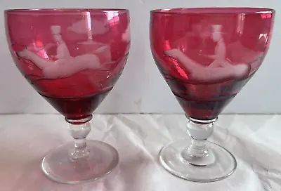 Buy Cranberry Glass Ruby Etched Water Wine Rummer Goblets Fox Hunt Scene Set Of 2  • 208.71£