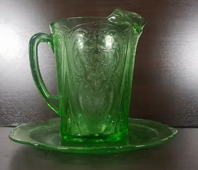 Buy Art Deco Green Glass Depression Jug Pitcher + Plate Excellent Ribbed Pattern • 69.99£