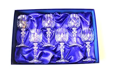 Buy Set Of 6 Vtg ROYAL DOULTON Hand Cut CRYSTAL Stemmed WINE GLASSES Boxed - SA3 • 10.50£