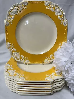 Buy (8) George Jones Crescent 'Marlborough' 8.625  Yellow & Cream Embossed PLATES • 142.31£