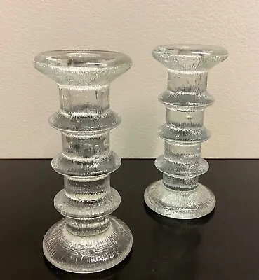 Buy Pair Of Vintage Mid Century Three Ring Glass Candlesticks Holders • 45£