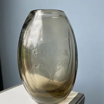 Buy Vintage Glass Vase Smoked With Flower Engraving HEAVY • 12£