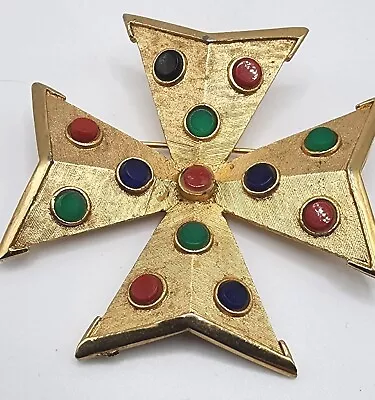 Buy Kramer Gold Tone Art Glass Maltese Cross Brooch Signed Multi-colored Vintage Pin • 118.08£