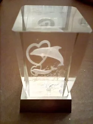 Buy Lazer Cut 3D Etched Glass Dolphin Paperweight Block On A Light Up Stand • 9.99£