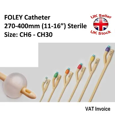 Buy FOLEY Hollow Tube Urine STERILE Drainage Urinary Two Way 270-400mm Size CH6-CH30 • 2.95£
