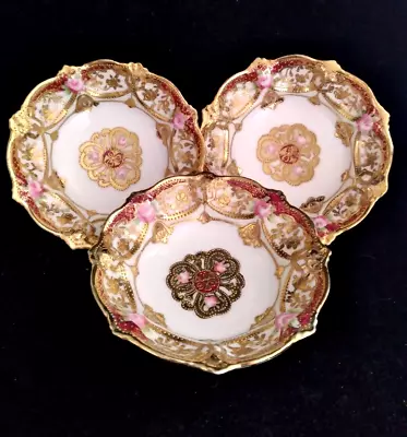 Buy Set Of 3 RC Nippon Noritake Hand Painted Small Berry Fruit Bowls Gold Pink Roses • 38.35£