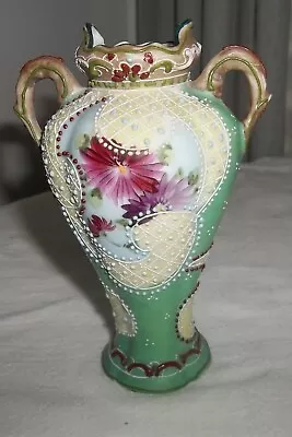 Buy Antique Moriage Nippon Japan Porcelain Vase Florals Beads Double Handled 4 3/4  • 28.82£