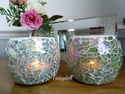 Buy PAIR OF GLASS CANDLE HOLDERS BLUE IRIDESCENT CRACKLE GLASS BOWLS 8cm X 7cm  • 12.95£