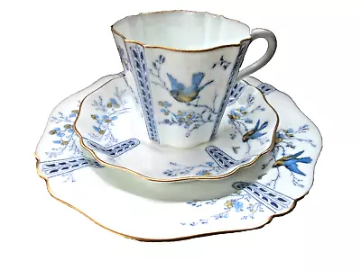 Buy Wedgwood Rare Vintage / Antique Fluted Trio Y2785 Bluebirds & Butterfly - Gilded • 29£