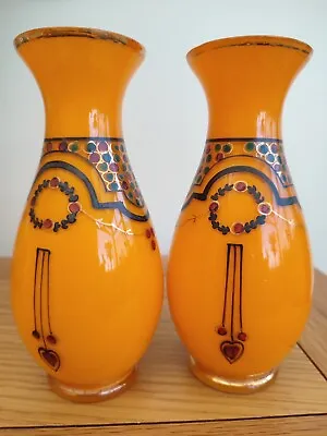 Buy Pair Of Matching Painted Art Deco Tangerine Orange Czech Art Glass Vases • 24.67£