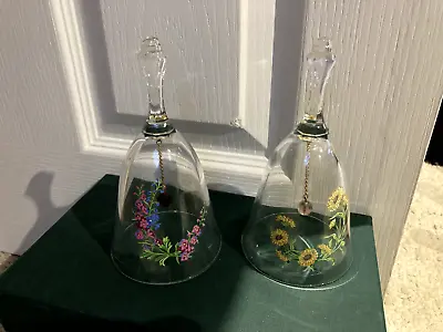 Buy 2 Vintage Ladies Glass Hand Bells Decorated With Flowers • 10£
