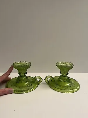 Buy Pair Of Light Green Pressed Glass Candlesticks Candle Holders Finger Loop Ornate • 42.75£