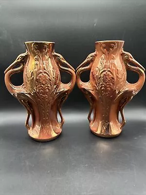 Buy Pair Of Art Nouveau Vases  Copper Glaze And Heron Crane Handles Iridescent Vase • 76.71£